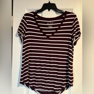American Eagle Oversized Striped Top - Maroon and White